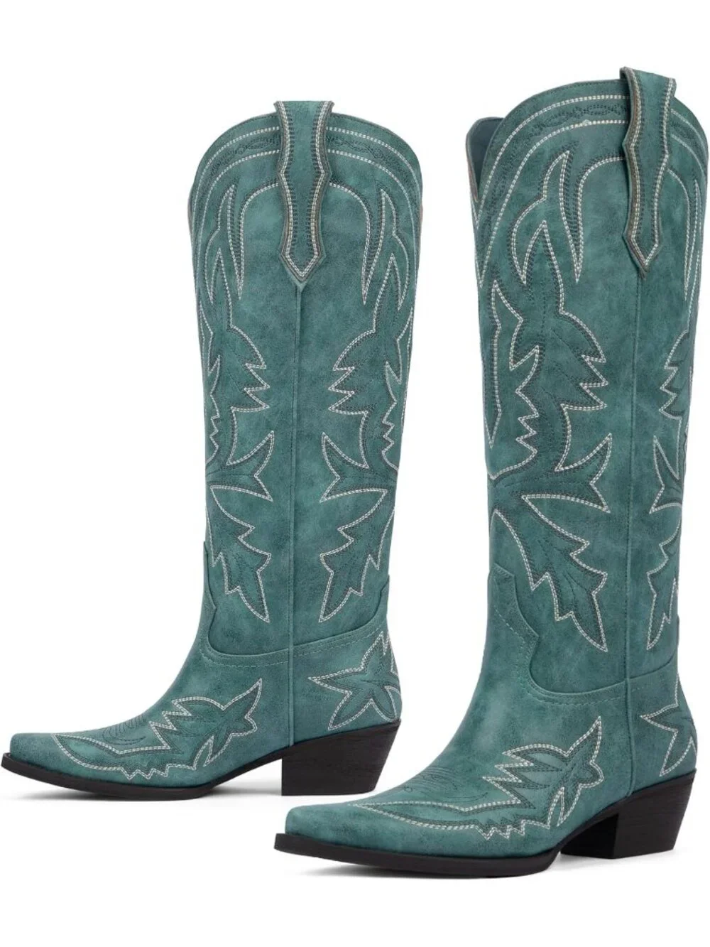Women's Teal Knee High Boots Embroidered Pull on Pointed Toe Chunky Heel